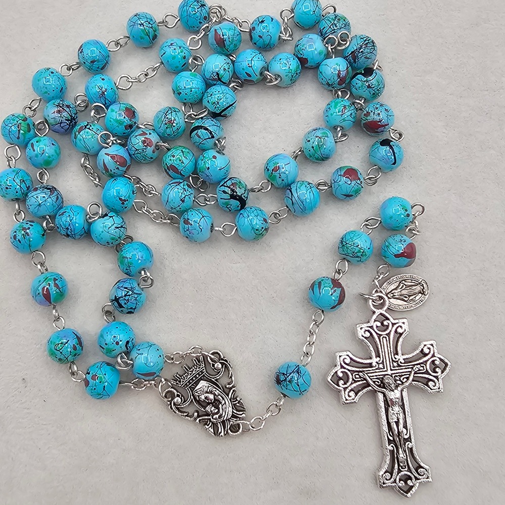 Blue Splatter Paint Bead Rosary Catholic Prayer Religious Crucifix Necklace